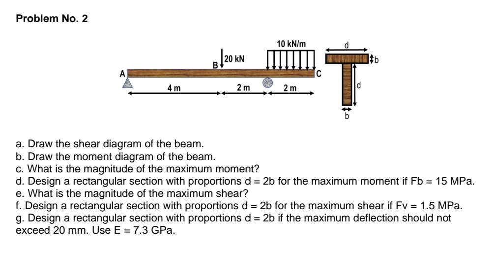 Problem No. 2
10 kN/m
kN
C
4 m
2 m
2 m
a. Draw the shear diagram of the beam.
b. Draw the moment diagram of the beam.
c. What is the magnitude of the maximum moment?
d. Design a rectangular section with proportions d = 2b for the maximum moment if Fb = 15 MPa.
e. What is the magnitude of the maximum shear?
f. Design a rectangular section with proportions d = 2b for the maximum shear if Fv = 1.5 MPa.
g. Design a rectangular section with proportions d = 2b if the maximum deflection should not
exceed 20 mm. Use E = 7.3 GPa.
