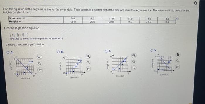 Find the equation of the regression line for the given data. Then construct a scatter plot of the data and draw the regression line. The table shows the shoe size and
heights (in.) for 6 men.
Shoe size, x
Height, y
6.0
9.5
66.0
11.0
11.5
12.5
13.5
73.0
65.0
69.0
71.0
73.0
Find the regression equation.
(Round to three decimal places as needed.)
Choose the correct graph below.
O A.
OB.
Oc.
OD.
754
75-
75-
75
Shot s
Shoe sie
Shoe se
Shoe size
