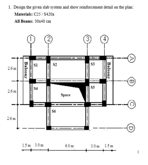 1. Design the given slab system and show reinforcement detail on the plan:
Materials: C25/S420a
All Beams: 30x40 cm
2.6m
Balcony
$1
$2
$3
S4
$5
2.6 m
Space
$6
2.6 m
Balcony
(B)
1.5m 3.0 m
6.0 m
3.0 m
1.5 m