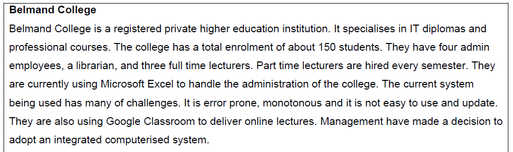 Belmand College
Belmand College is a registered private higher education institution. It specialises in IT diplomas and
professional courses. The college has a total enrolment of about 150 students. They have four admin
employees, a librarian, and three full time lecturers. Part time lecturers are hired every semester. They
are currently using Microsoft Excel to handle the administration of the college. The current system
being used has many of challenges. It is error prone, monotonous and it is not easy to use and update.
They are also using Google Classroom to deliver online lectures. Management have made a decision to
adopt an integrated computerised system.
