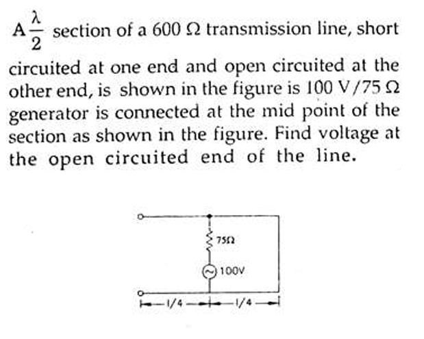 λ
A section of a 600 22 transmission line, short
2
circuited at one end and open circuited at the
other end, is shown in the figure is 100 V/7522
generator is connected at the mid point of the
section as shown in the figure. Find voltage at
the open circuited end of the line.
7562
+
100v
1/4
1/4.