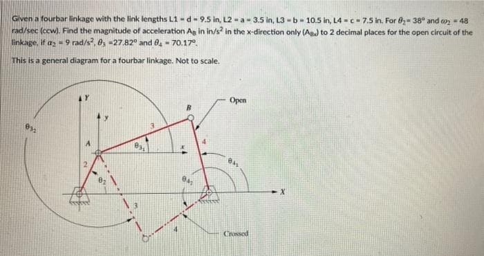 Given a fourbar linkage with the link lengths L1-d-9.5 in, L2 - a- 3.5 in, L3 -b-10.5 in, L4 -c- 7.5 in. For 0- 38° and an - 48
rad/sec (ccw). Find the magnitude of acceleration Ag in in/s in the x-direction only (As.) to 2 decimal places for the open circuit of the
linkage, if az = 9 rad/s, 0, -27.82° and 0, - 70.17°.
This is a general diagram for a fourbar linkage. Not to scale.
Open
Crossed
