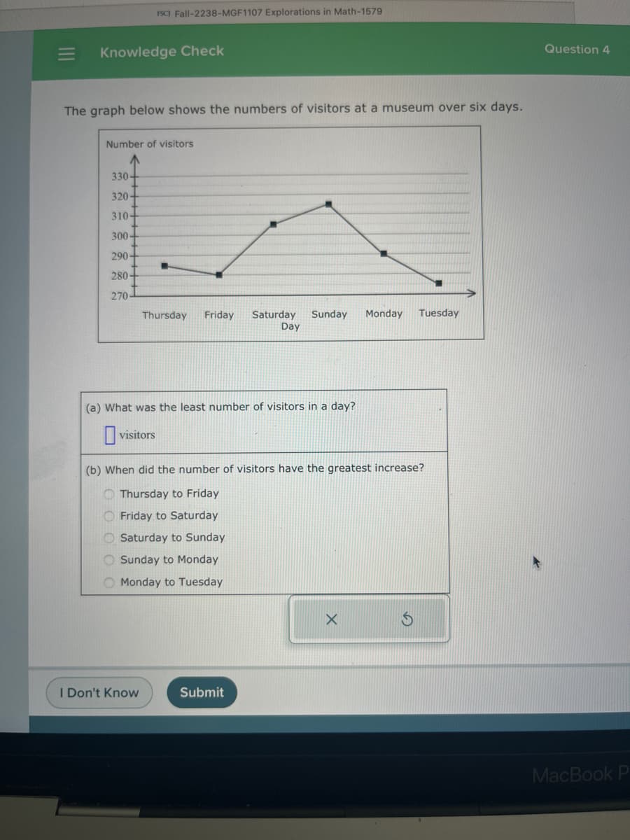 Knowledge Check
FSC) Fall-2238-MGF1107 Explorations in Math-1579
The graph below shows the numbers of visitors at a museum over six days.
Number of visitors
330-
320-
310-
300-
290-
280-
270
■
I Don't Know
Thursday Friday Saturday Sunday Monday Tuesday
Day
(a) What was the least number of visitors in a day?
visitors
(b) When did the number of visitors have the greatest increase?
Thursday to Friday
Friday to Saturday
Saturday to Sunday
Sunday to Monday
O Monday to Tuesday
Submit
X
Question 4
MacBook P