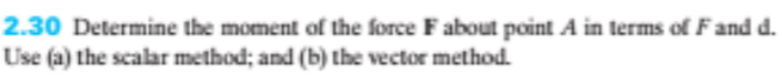 2.30 Determine the moment of the force Fabout point A in terms of Fand d.
Use (a) the scalar method; and (b) the vector method.
