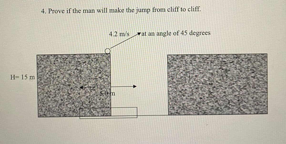 4. Prove if the man will make the jump from cliff to cliff.
4.2 m/sat an angle of 45 degrees
H= 15 m
5.0 m
