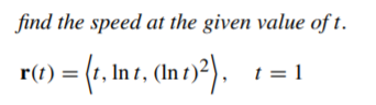 find the speed at the given value of t.
r(1) = (1, In t, (In 1)?).
t = 1
