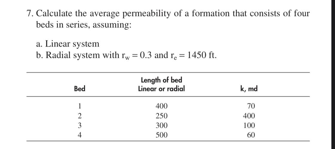 7. Calculate the average permeability of a formation that consists of four
beds in series, assuming:
a. Linear system
b. Radial system with rw = 0.3 and r. = 1450 ft.
Length of bed
Linear or radial
Bed
k, md
400
70
250
400
300
100
500
60
1234
