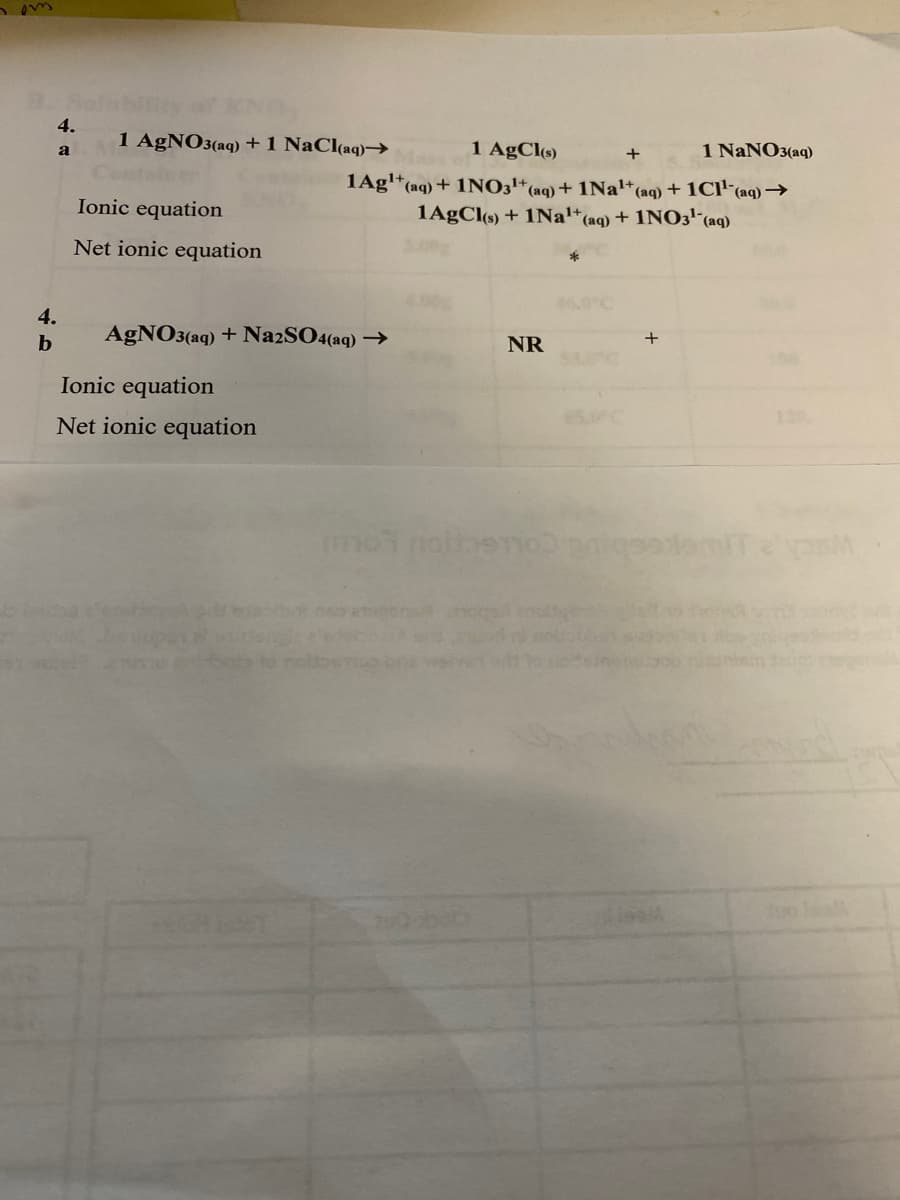 4.
1 AgNO3(aq) +1 NaCl(aq)→
1 AgCl(s)
1 NaNO3(aq)
a
+
1Ag!*(aq) + 1NO3+(aq)+ 1Nal*(aq) + 1CI"(aq) →
Ionic equation
1AgCl(s) + 1Nal+
*(aq) + 1NO31-(aq)
Net ionic equation
46.0°C
4.
AgNO3(aq) + N22SO4(aq) →
NR
+
Ionic equation
Net ionic equation
120
noibeno n
duo leall
