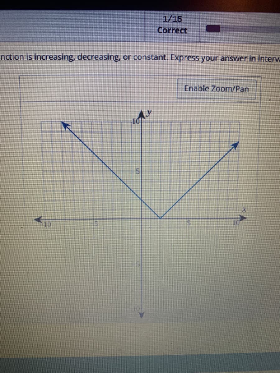 1/15
Correct
nction is increasing, decreasing, or constant. Express your answer in interv
5
Enable Zoom/Pan
X