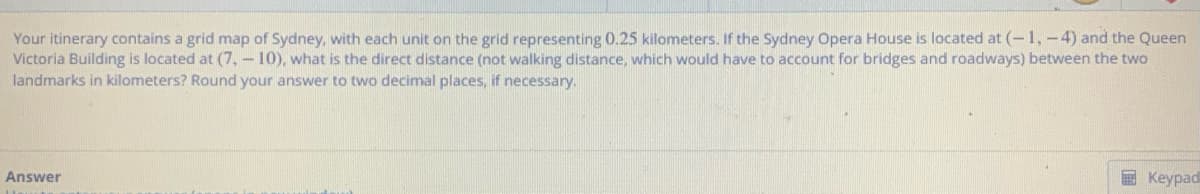 Your itinerary contains a grid map of Sydney, with each unit on the grid representing 0.25 kilometers. If the Sydney Opera House is located at (-1,-4) and the Queen
Victoria Building is located at (7,- 10), what is the direct distance (not walking distance, which would have to account for bridges and roadways) between the two
landmarks in kilometers? Round your answer to two decimal places, if necessary.
Answer
Keypad