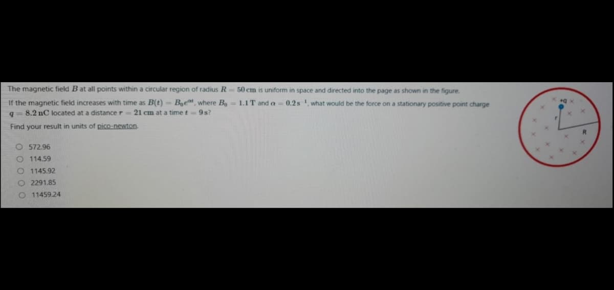 The magnetic field B at all points within a circular region of radius R= 50 cm is uniform in space and directed into the page as shown in the figure.
If the magnetic field increases with time as B(t) = Beat, where B = 1.1T and a
0.2s what would be the force on a stationary positive point charge
x b+
9= 8.2 nC located at a distancer 21 cm at a time t=9s?
Find your result in units of pico-newton.
R
O 572.96
O 114.59
O 1145.92
O 2291.85
O 11459.24
