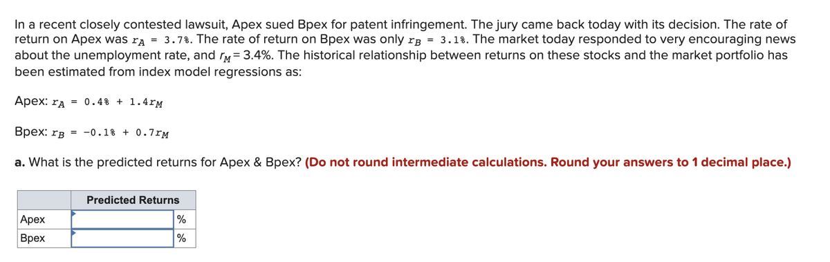 In a recent closely contested lawsuit, Apex sued Bpex for patent infringement. The jury came back today with its decision. The rate of
return on Apex was rд = 3.7%. The rate of return on Bpex was only r = 3.1%. The market today responded to very encouraging news
about the unemployment rate, and = 3.4%. The historical relationship between returns on these stocks and the market portfolio has
been estimated from index model regressions as:
Apex: A = 0.4% + 1.4rM
Bpex: rB = -0.1% + 0.7rM
a. What is the predicted returns for Apex & Bpex? (Do not round intermediate calculations. Round your answers to 1 decimal place.)
Apex
Bpex
Predicted Returns
%
%