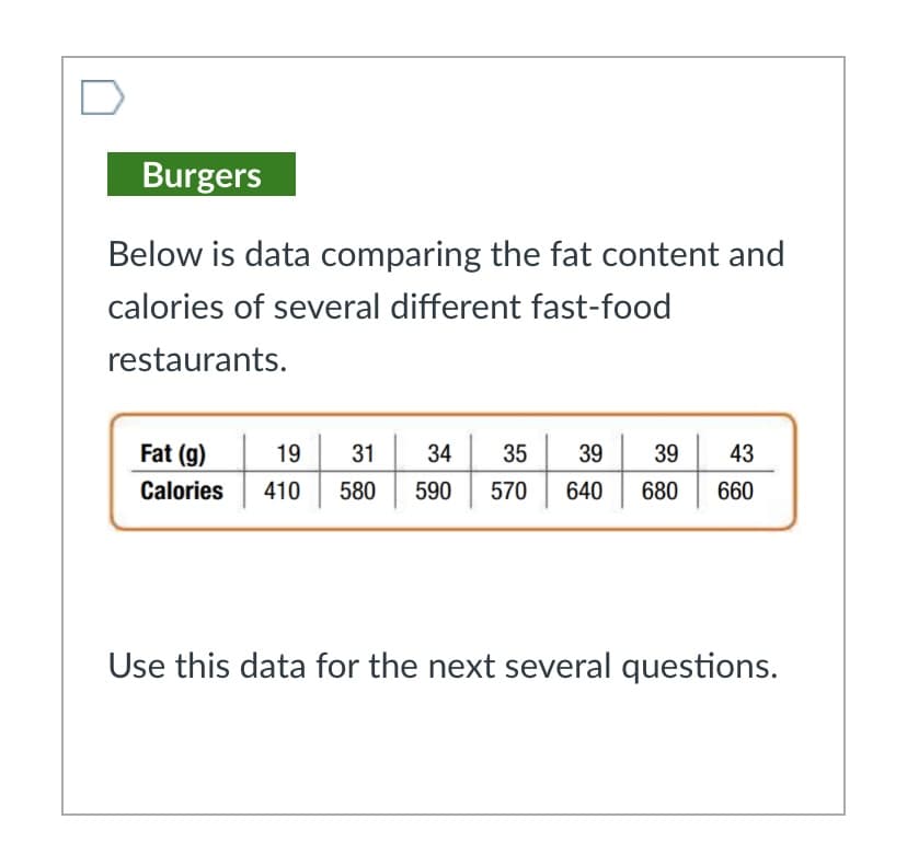 Burgers
Below is data comparing the fat content and
calories of several different fast-food
restaurants.
Fat (g)
19
31
34
35
39
39
43
Calories
410
580
590
570
640
680
660
Use this data for the next several questions.
