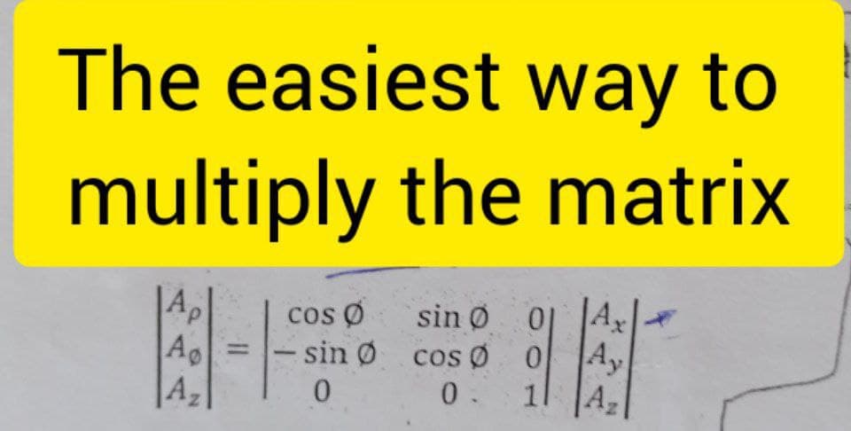 The easiest way to
multiply the matrix
Ap
Ap
A,
cos O
sin Ø 0 4
– sin Ø cos Ø
cos Ø 0
Ay
-
0. :
1l JA,
