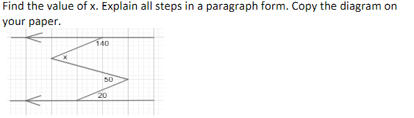 Find the value of x. Explain all steps in a paragraph form. Copy the diagram on
your paper.
X
140
50
20