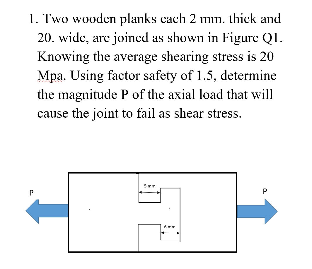 1. Two wooden planks each 2 mm. thick and
20. wide, are joined as shown in Figure Q1.
Knowing the average shearing stress is 20
Mpa. Using factor safety of 1.5, determine
the magnitude P of the axial load that will
cause the joint to fail as shear stress.
5 mm
6 mm
