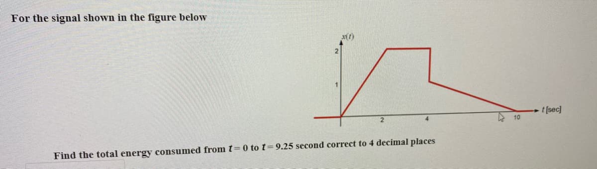 For the signal shown in the figure below
x(t)
t[sec]
4
A 10
Find the total energy consumed from t= 0 to t=9.25 second correct to 4 decimal places
