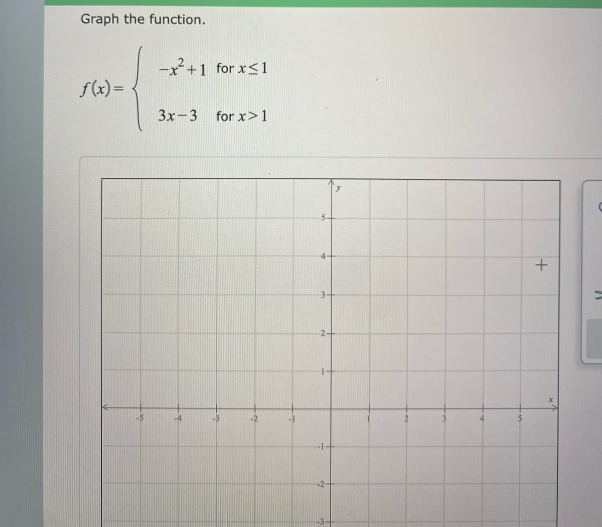 Graph the function.
-x+1 for x<1
f(x) =
3x-3
for x>1
5-
4-
3-
-5
-4
-3
-2
3
-2
