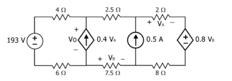 193 v( +
4 Ω
6Ω
+
Vo
2.5 Ω
0.4 VA
+ VB
Μ
7.5 Ω
ΖΩ
+ VA
(1) 0.5 A
www
8 Ω
>
0.8 VB