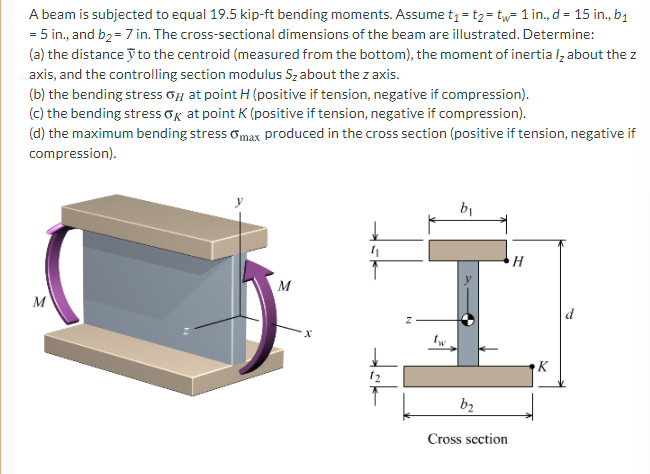 A beam is subjected to equal 19.5 kip-ft bending moments. Assume t1 = t2= tw- 1 in., d = 15 in., b1
= 5 in., and b2= 7 in. The cross-sectional dimensions of the beam are illustrated. Determine:
(a) the distance y to the centroid (measured from the bottom), the moment of inertia l, about the z
axis, and the controlling section modulus Sz about the z axis.
(b) the bending stress oH at point H (positive if tension, negative if compression).
(c) the bending stress og at point K (positive if tension, negative if compression).
(d) the maximum bending stress omax produced in the cross section (positive if tension, negative if
compression).
b1
H
M
M
d
tw.
K
t2
b2
Cross scction
