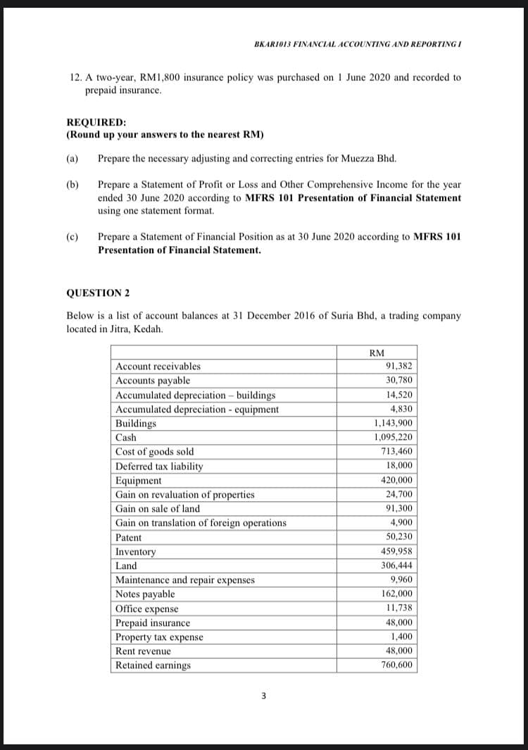 BKARIO13 FINANCIAL ACCOUNTING AND REPORTING I
12. A two-year, RM1,800 insurance policy was purchased on 1 June 2020 and recorded to
prepaid insurance.
REQUIRED:
(Round up your answers to the nearest RM)
(a)
Prepare the necessary adjusting and correcting entries for Muezza Bhd.
(b)
Prepare a Statement of Profit or Loss and Other Comprehensive Income for the year
ended 30 June 2020 according to MFRS 101 Presentation of Financial Statement
using one statement format.
(c)
Prepare a Statement of Financial Position as at 30 June 2020 according to MFRS 101
Presentation of Financial Statement.
QUESTION 2
Below is a list of account balances at 31 December 2016 of Suria Bhd, a trading company
located in Jitra, Kedah.
RM
Account receivables
91,382
Accounts payable
Accumulated depreciation- buildings
Accumulated depreciation - equipment
Buildings
30,780
14,520
4,830
1,143,900
Cash
1,095,220
713,460
Cost of goods sold
Deferred tax liability
18,000
Equipment
Gain on revaluation of properties
420,000
24,700
Gain on sale of land
91,300
Gain on translation of foreign operations
4,900
Patent
50,230
Inventory
459,958
Land
306,444
Maintenance and repair expenses
Notes payable
Office expense
Prepaid insurance
Property tax expense
9,960
162,000
11,738
48,000
1,400
Rent revenue
48,000
Retained earnings
760,600
3
