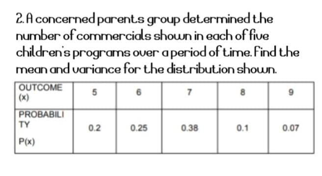 2. A concerned parents group determined the
number of commercials shown in each of five
children's programs over a period of time. find the
mean and variance for the distribution shown.
OUTCOME
(x)
5
6
7
PROBABILI
TY
0.2
0.25
0.38
0.1
0.07
P(x)
