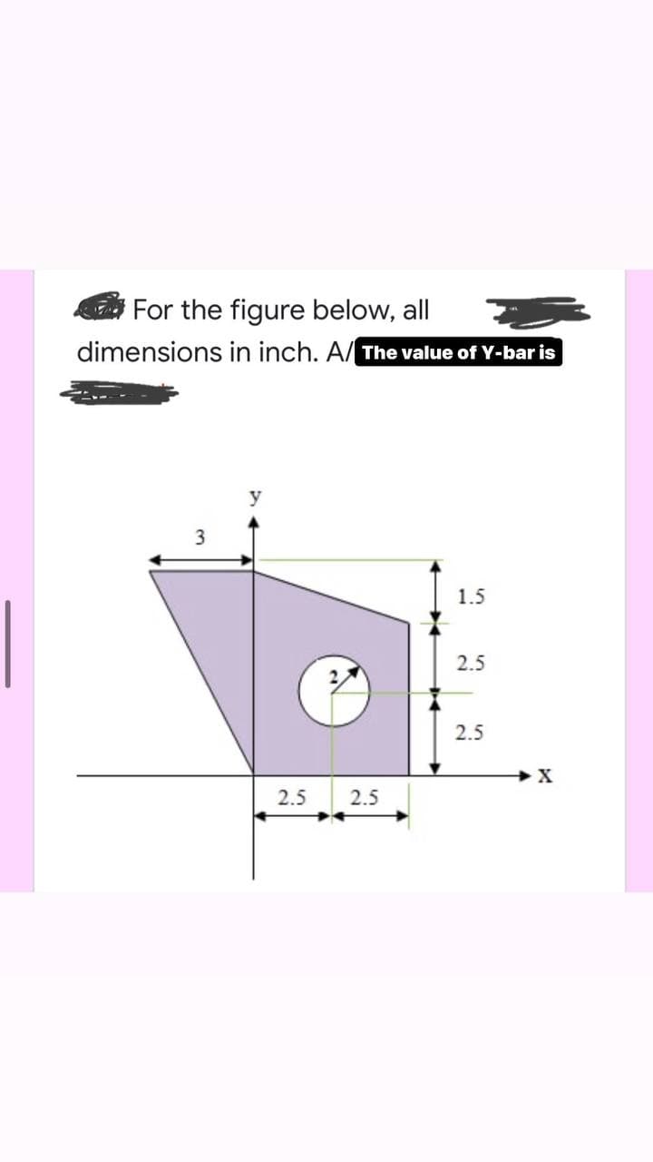 For the figure below, all
dimensions in inch. A/ The value of Y-bar is
y
1.5
2.5
2.5
2.5
2.5
