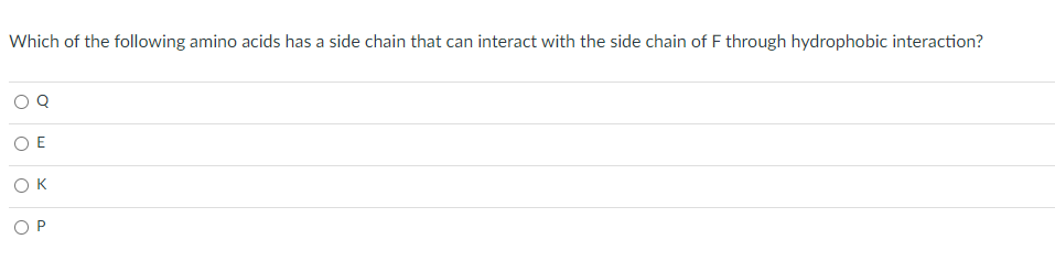 Which of the following amino acids has a side chain that can interact with the side chain of F through hydrophobic interaction?
O E
OK
O
a