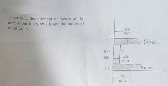 Determine the moment of inertia of the
area about the y axis I, and the radius of
gyration ky.
160
40 mm
200
2
40
mum
3
40 mm
120
mm