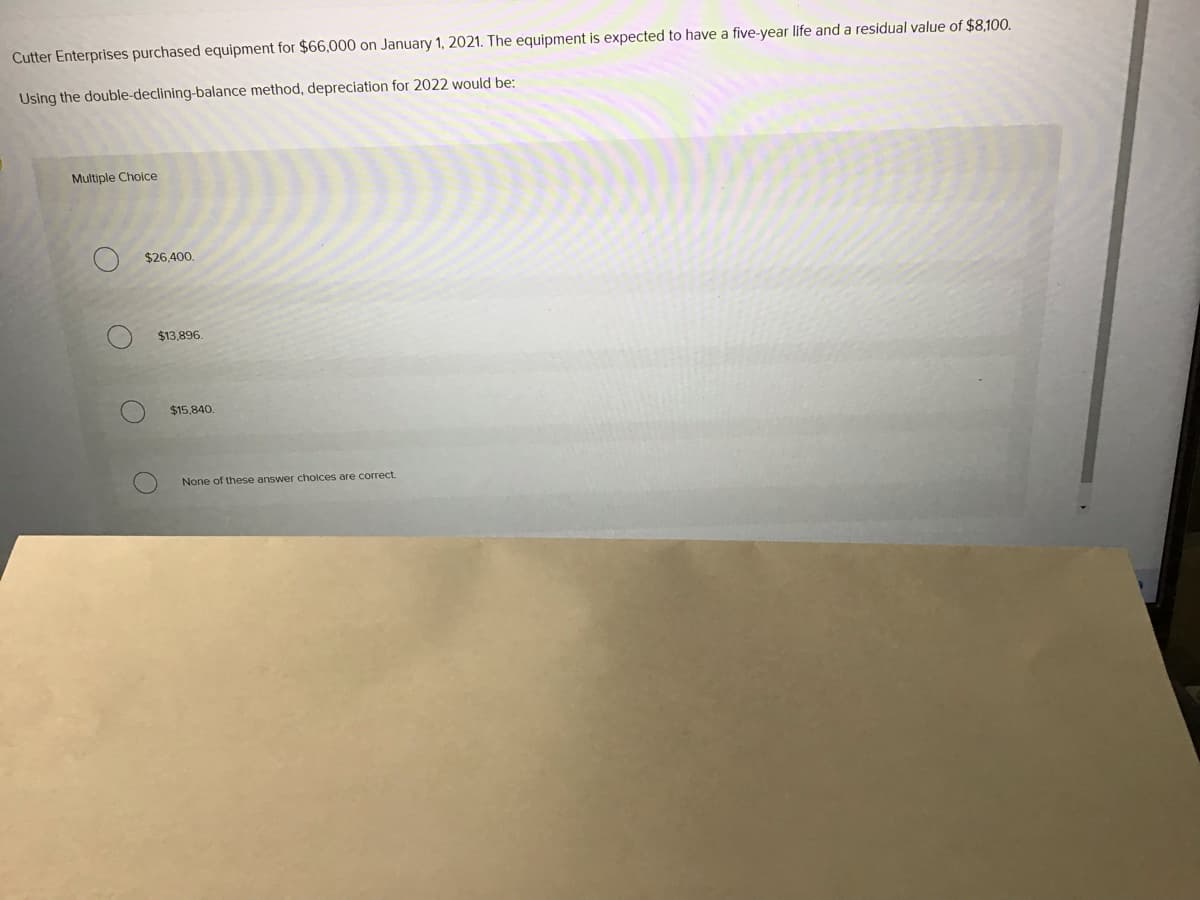 Cutter Enterprises purchased equipment for $66,000 on January 1, 2021. The equipment is expected to have a five-year life and a residual value of $8,100.
Using the double-declining-balance method, depreciation for 2022 would be:
Multiple Choice
$26,400.
$13,896.
$15,840
None of these answer choices are correct.
