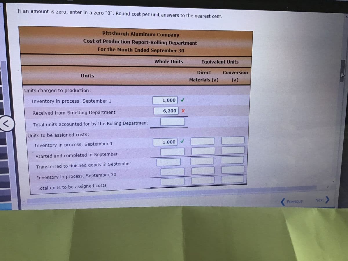 If an amount is zero, enter in a zero "0". Round cost per unit answers to the nearest cent.
Pittsburgh Aluminum Company
Cost of Production Report-Rolling Department
For the Month Ended September 30
Whole UnitsS
Equivalent Units
Direct
Conversion
Units
Materials (a)
(a)
Units charged to production:
Inventory in process, September 1
1,000
Received from Smelting Department
6,200 X
Total units accounted for by the Rolling Department
Units to be assigned costs:
1,000
Inventory in process, September 1
Started and completed in September
Transferred to finished goods in September
Inventory in process, September 30
Total units to be assigned costs
Previous
Next
