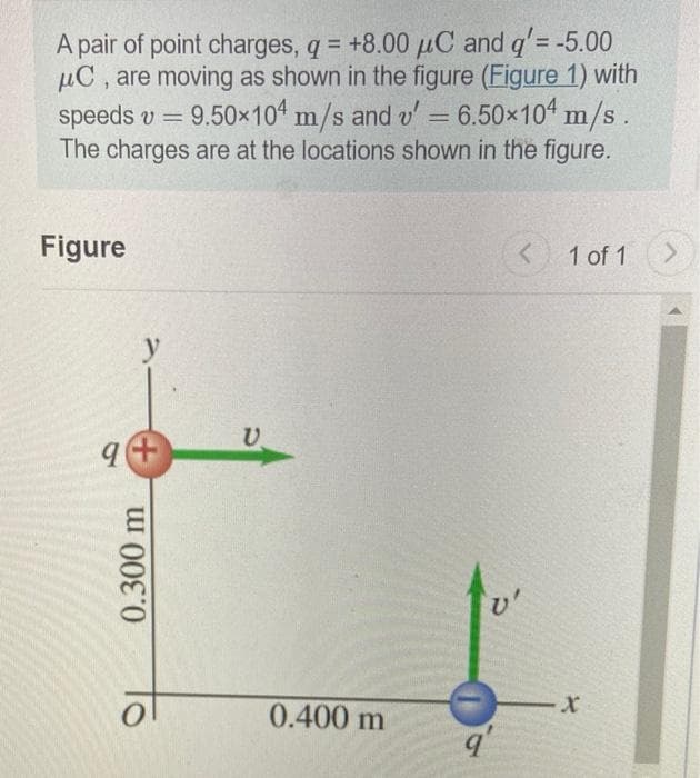 A pair of point charges, q = +8.00 µC and q'= -5.00
µC, are moving as shown in the figure (Figure 1) with
speeds v =
The charges are at the locations shown in the figure.
9.50x104 m/s and v' 6.50x104 m/s.
Figure
1 of 1
<.
U.
v'
x-
0.400 m
0.300 m
