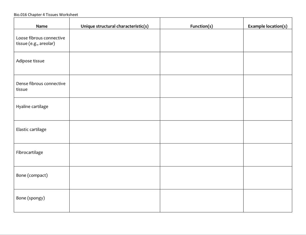 Bio.016 Chapter 4 Tissues Worksheet
Name
Unique structural characteristic(s)
Function(s)
Example location(s)
Loose fibrous connective
tissue (e.g., areolar)
Adipose tissue
Dense fibrous connective
tissue
Hyaline cartilage
Elastic cartilage
Fibrocartilage
Bone (compact)
Bone (spongy)
