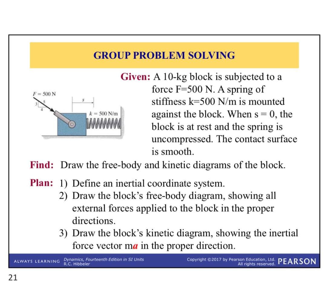 GROUP PROBLEM SOLVING
Given: A 10-kg block is subjected to a
force F=500 N. A spring of
stiffness k=500 N/m is mounted
F = 500 N
against the block. When s = 0, the
block is at rest and the spring is
k = 500 N/m
ssed. The contact surface
uncomp
is smooth.
Find: Draw the free-body and kinetic diagrams of the block.
Plan: 1) Define an inertial coordinate system.
2) Draw the block's free-body diagram, showing all
external forces applied to the block in the proper
directions.
3) Draw the block's kinetic diagram, showing the inertial
force vector ma in the proper direction.
ALWAYS LEARNING Dynamics, Fourteenth Edition in SI Units
R.C. Hibbeler
Copyright ©2017 by Pearson Education, Ltd. PEAR SON
All rights reserve
21
