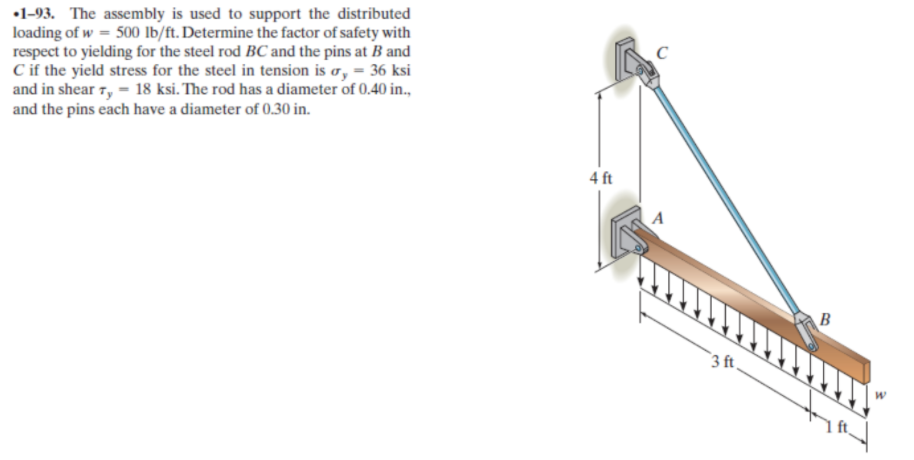 •1-93. The assembly is used to support the distributed
loading of w = 500 Ib/ft. Determine the factor of safety with
respect to yielding for the steel rod BC and the pins at B and
C if the yield stress for the steel in tension is o, = 36 ksi
and in shear 7, = 18 ksi. The rod has a diameter of 0.40 in.,
and the pins each have a diameter of 0.30 in.
C
4 ft
A
B
3 t,
