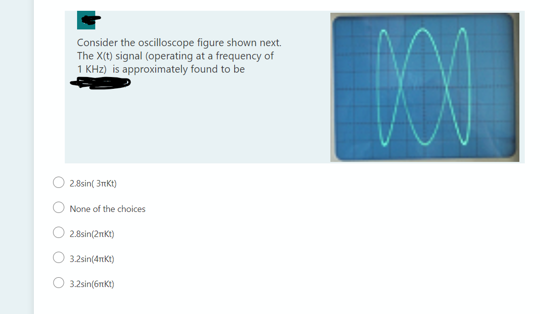 Consider the oscilloscope figure shown next.
The X(t) signal (operating at a frequency of
1 KHz) is approximately found to be
2.8sin( 3TtKt)
None of the choices
2.8sin(2TtKt)
3.2sin(4TtKt)
3.2sin(бrKt)
