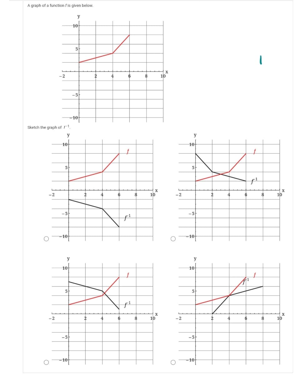 A graph of a function f is given below.
y
10
-2
6
8
10
-5
10
Sketch the graph of f1.
y
10
10
5
5
-2
8
10
- 2
6
10
-5
-5
10
y
10
10
41
5
5-
-2
4
10
-2
8
10
-5
-5
