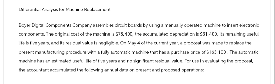 Differential Analysis for Machine Replacement
Boyer Digital Components Company assembles circuit boards by using a manually operated machine to insert electronic
components. The original cost of the machine is $78, 400, the accumulated depreciation is $31,400, its remaining useful
life is five years, and its residual value is negligible. On May 4 of the current year, a proposal was made to replace the
present manufacturing procedure with a fully automatic machine that has a purchase price of $163, 100. The automatic
machine has an estimated useful life of five years and no significant residual value. For use in evaluating the proposal,
the accountant accumulated the following annual data on present and proposed operations: