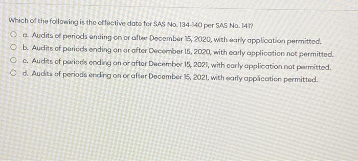 Which of the following is the effective date for SAS No. 134-140 per SAS No. 141?
O a. Audits of periods ending on or after December 15, 2020, with early application permitted.
O b. Audits of periods ending on or after December 15, 2020, with early application not permitted.
O c. Audits of periods ending on or after December 15, 2021, with early application not permitted.
Od. Audits of periods ending on or after December 15, 2021, with early application permitted.