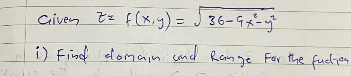 Civen tz f(x.y) = J 36-9x-y
i) Find domajn cand Rem ge Fay the fuclien
