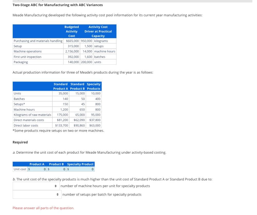 Two-Stage ABC for Manufacturing with ABC Variances
Meade Manufacturing developed the following activity cost pool information for its current year manufacturing activities:
Budgeted
Activity
Cost
Purchasing and materials handling $665,000 950,000 kilograms
315,000
1.500 setups
14,000 machine hours
2,156,000
392,000
1,600 batches
140,000
Setup
Machine operations
First unit inspection
Packaging
Actual production information for three of Meade's products during the year is as follows:
Required
Standard Standard Specialty
Product A Product B Products
Units
35,000 15,000 10,000
Batches
140
50
400
Setups*
150
45
800
1,200
650
800
Machine hours
Kilograms of raw materials
175,000
65,000
95,000
Direct materials costs
$81,200 $62,090 $37,800
Direct labor costs
$133,700 $90,860 $63,000
*Some products require setups on two or more machines.
Activity Cost
Driver at Practical
Capacity
Product A
0 $
200,000 units
a. Determine the unit cost of each product for Meade Manufacturing under activity-based costing.
Unit cost $
Product B Specialty Product
0 $
0
Please answer all parts of the question.
b. The unit cost of the specialty products is much higher than the unit cost of Standard Product A or Standard Product B due to:
* number of machine hours per unit for specialty products
number of setups per batch for specialty products