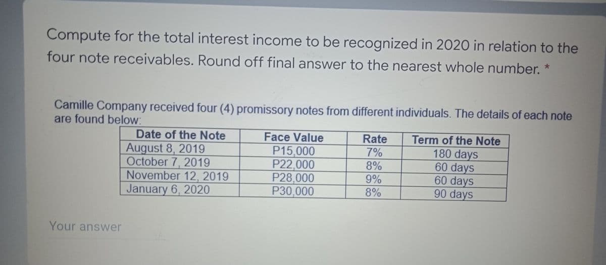 Compute for the total interest income to be recognized in 2020 in relation to the
four note receivables. Round off final answer to the nearest whole number. *
Camille Company received four (4) promissory notes from different individuals. The details of each note
are found below:
Date of the Note
August 8, 2019
October 7, 2019
November 12, 2019
January 6, 2020
Term of the Note
180 days
60 days
60 days
90 days
Face Value
Rate
P15,000
P22,000
P28,000
P30,000
7%
8%
9%
8%
Your answer
