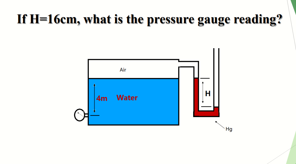 If H=16cm, what is the pressure gauge reading?
Air
H.
4m
Water
Hg
