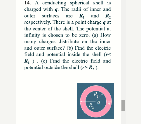 14. A conducting spherical shell is
charged with q. The radii of inner and
outer surfaccs are R and R2
respectively. There is a point charge q at
the center of the shell. The potential at
infinity is chosen to be zero. (a) How
many charges distribute on the inner
and outer surface? (b) Find the electric
field and potential inside the shell (r<
R, ). (c) Find the electric field and
potential outside the shell (r> R, ).
R
b.
R,
