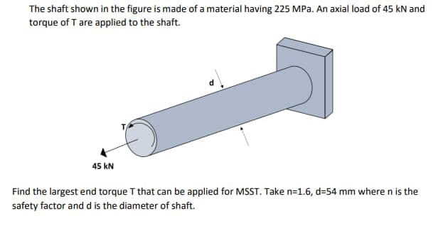 The shaft shown in the figure is made of a material having 225 MPa. An axial load of 45 kN and
torque of T are applied to the shaft.
45 kN
Find the largest end torque T that can be applied for MSST. Take n=1.6, d=54 mm where n is the
safety factor and d is the diameter of shaft.
