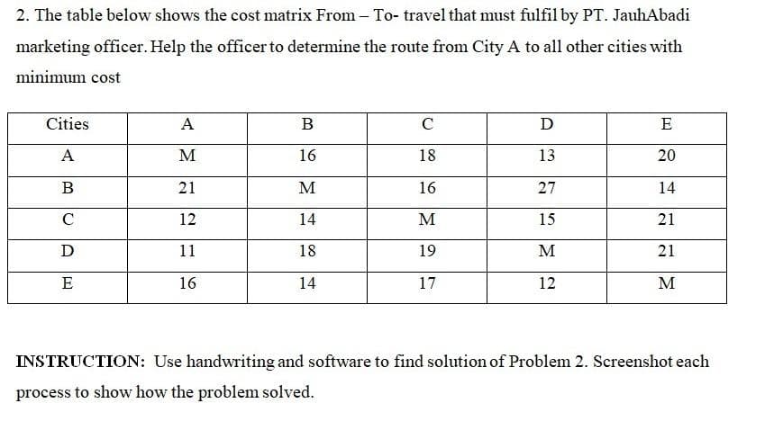 2. The table below shows the cost matrix From – To- travel that must fulfil by PT. JauhAbadi
marketing officer. Help the officer to determine the route from City A to all other cities with
minimum cost
Cities
A
C
D
E
A
M
16
18
13
20
B
21
M
16
27
14
C
12
14
M
15
21
D
11
18
19
M
21
E
16
14
17
12
M
INSTRUCTION: Use handwriting and software to find solution of Problem 2. Screenshot each
process to show how the problem solved.
