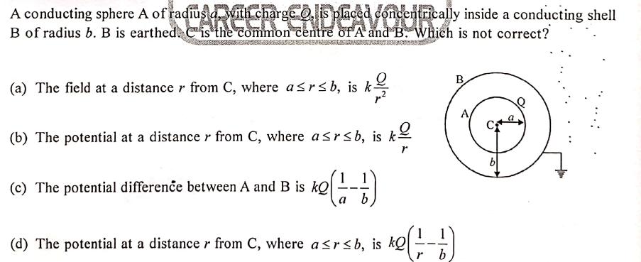 A conducting sphere A of fadius d Mithi.charge o s placed dondentrically inside a conducting shell
B of radius b. B is earthed Cis the common centre of A and B. Which is not correct?
.charge Q. is ped concentrically inside a conducting shell
B
(a) The field at a distance r from C, where a<rsb, is k
(b) The potential at a distance r from C, where asrsb, is k-
(c) The potential difference between A and B is kQ
b.
(d) The potential at a distance r from C, where asrsb, is kQl
r b
