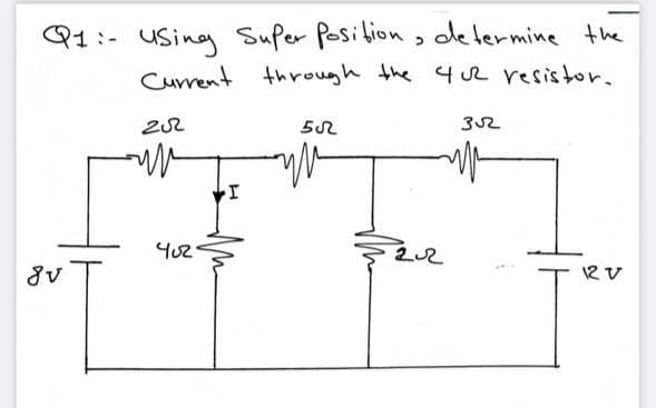 Q1:- USing , determine the
Current through the 4 R resistor.
Super Position
32
402
12 V
