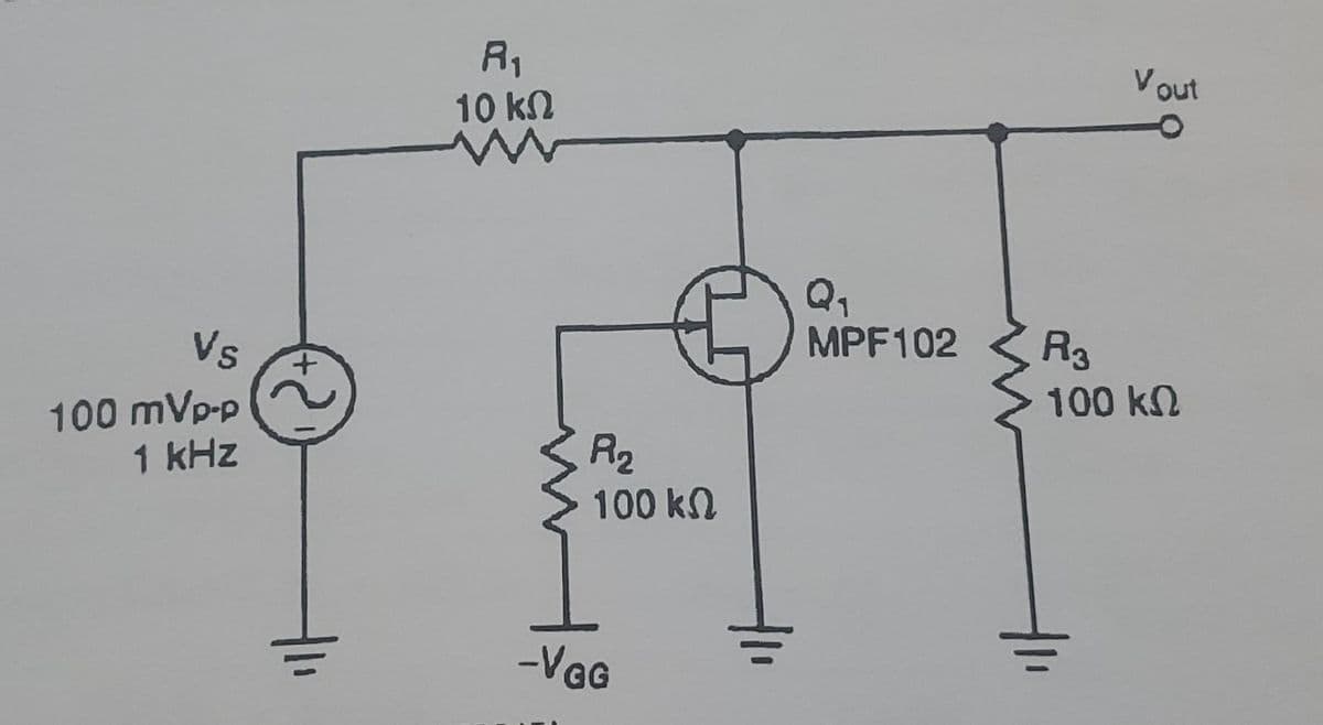 R1
10 kn
Vout
Q1
MPF102
Vs
R3
100 mVp-p
1 kHz
100 kN
R2
100 kN
-VaG
