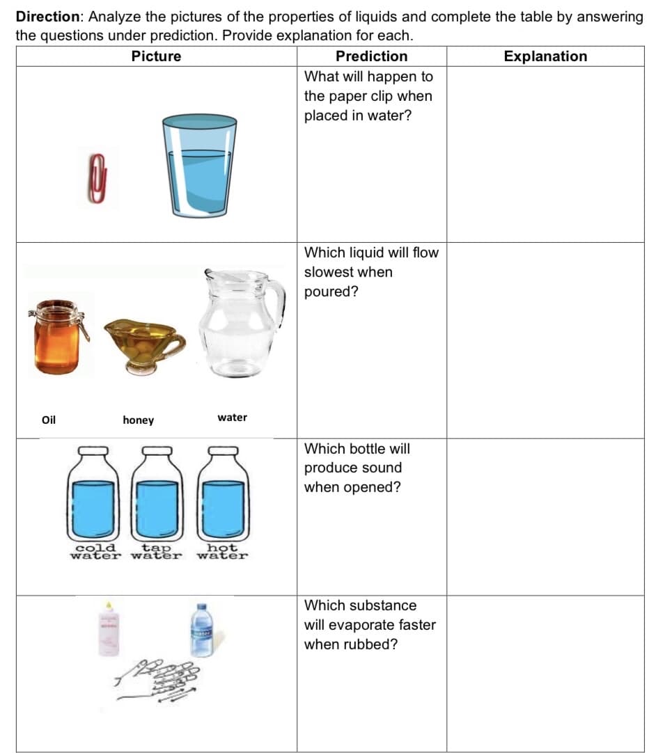 Direction: Analyze the pictures of the properties of liquids and complete the table by answering
the questions under prediction. Provide explanation for each.
Picture
Prediction
Explanation
What will happen to
the paper clip when
placed in water?
Which liquid will flow
slowest when
poured?
Oil
honey
water
Which bottle will
produce sound
when opened?
cold
water water
tạp,
hot
water
Which substance
will evaporate faster
when rubbed?
